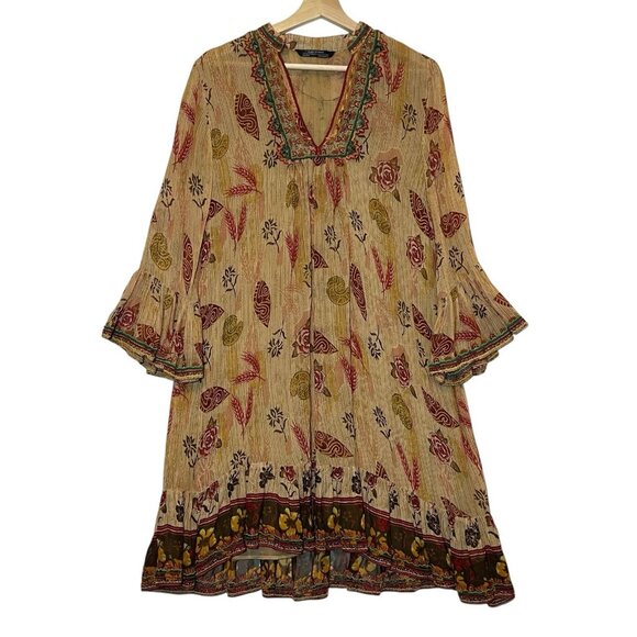 Zara Tunic Mini Dress Medium Size Embroidered Beaded Boho Bell Sleeve Lined - Picture 4 of 16